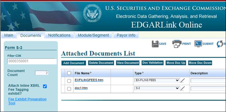 screenshot of EDGARLink Online attached documents list