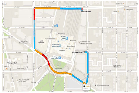 Map showing path from SEC main entrance to loading dock.