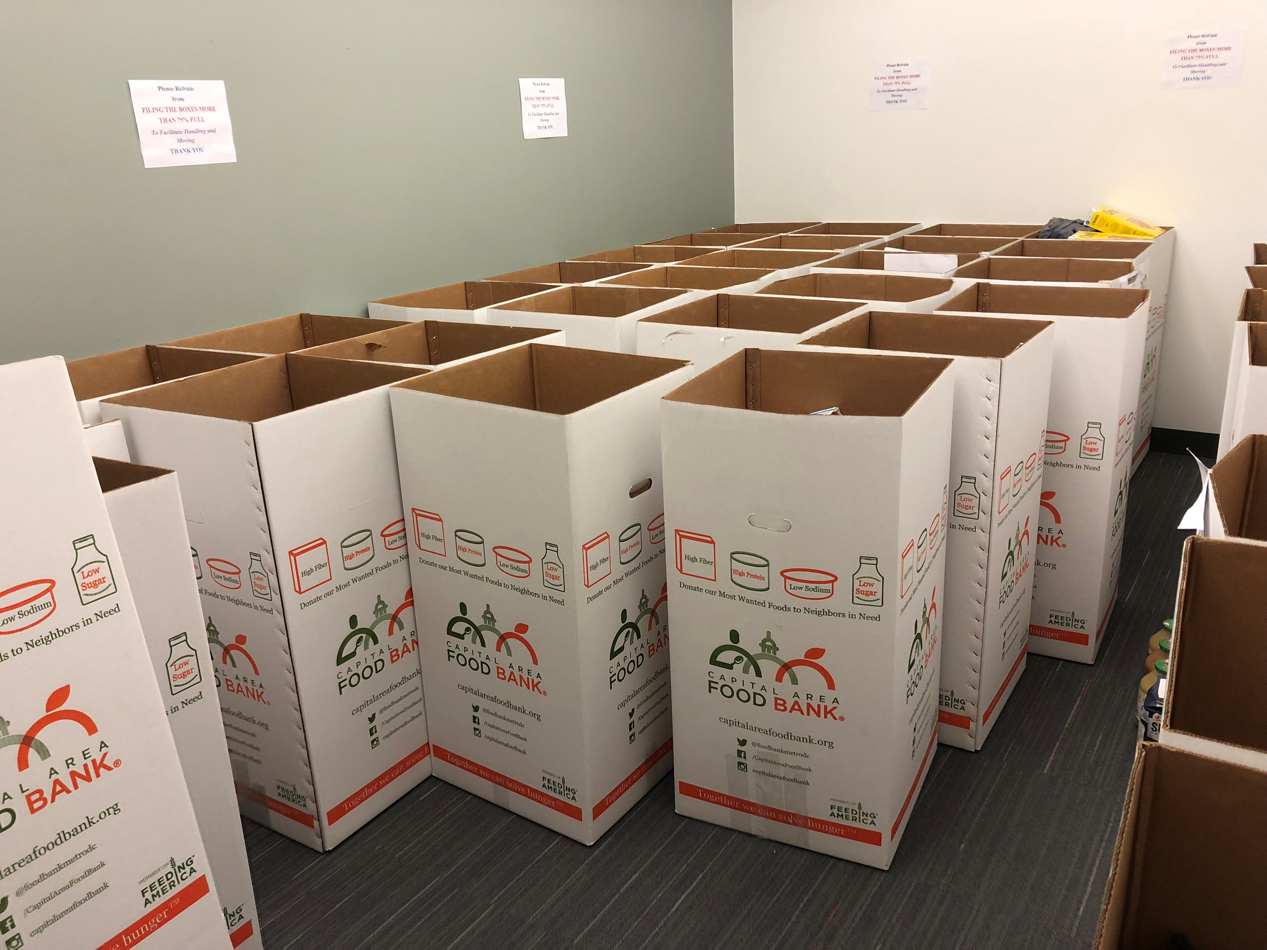 photo of boxes used to collect food for the Capital Area Food Bank